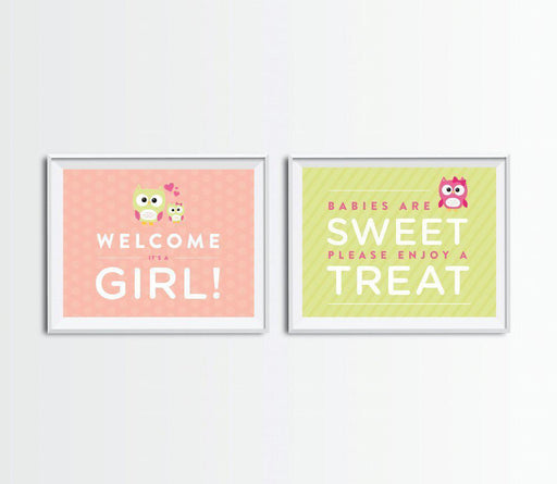 Modern Owl Girl Baby Shower Party Signs, 2-Pack-Set of 2-Andaz Press-Welcome | Enjoy A Treat-