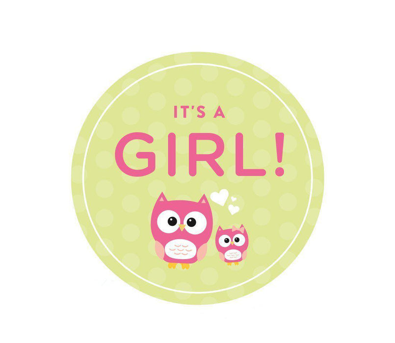 Modern Owl Girl Baby Shower Round Label Stickers-Set of 40-Andaz Press-It's A Girl-