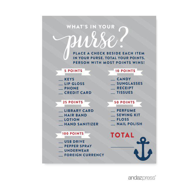Nautical Baby Shower Games & Fun Activities-Set of 1-Andaz Press-What's In Your Purse?-