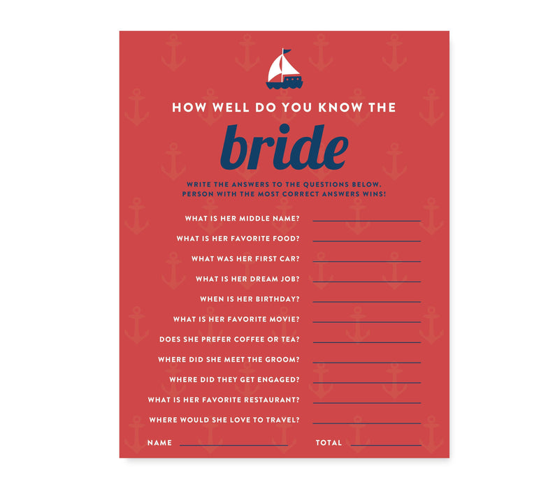 Nautical Ocean Adventure Wedding Bridal Shower Game Cards-Set of 20-Andaz Press-How Well Do You Know The Bride?-