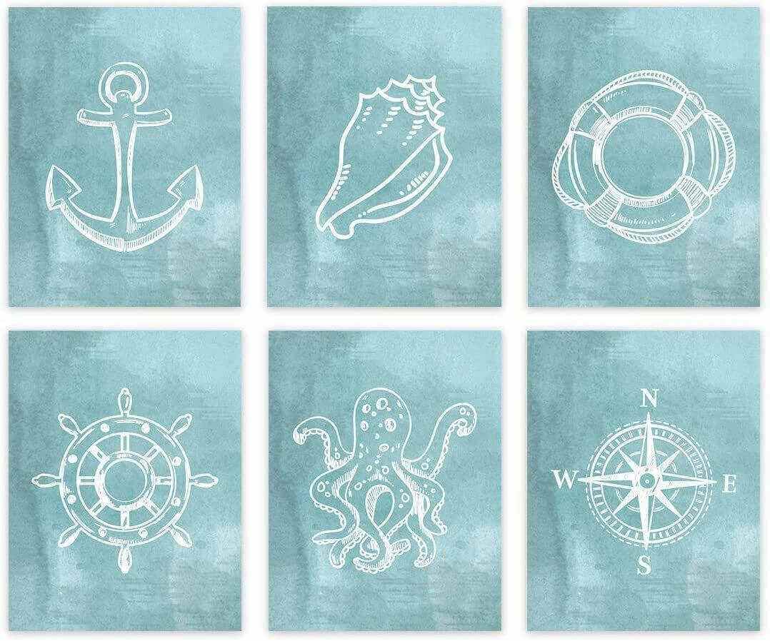 Nautical Sailor Theme Nursery Hanging Wall Art, Watercolor Aqua Blue, Compass, Anchor, Shell Graphics-Set of 6-Andaz Press-