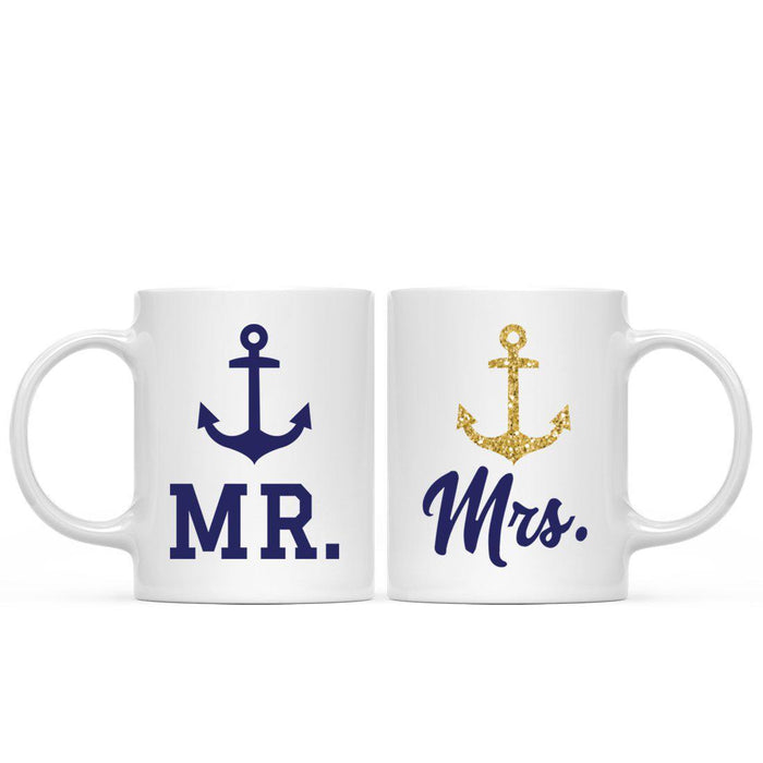 Nautical Theme Anchor Navy Blue Faux Gold Glitter Coffee Mug-Set of 1-Andaz Press-Mr and Mrs-