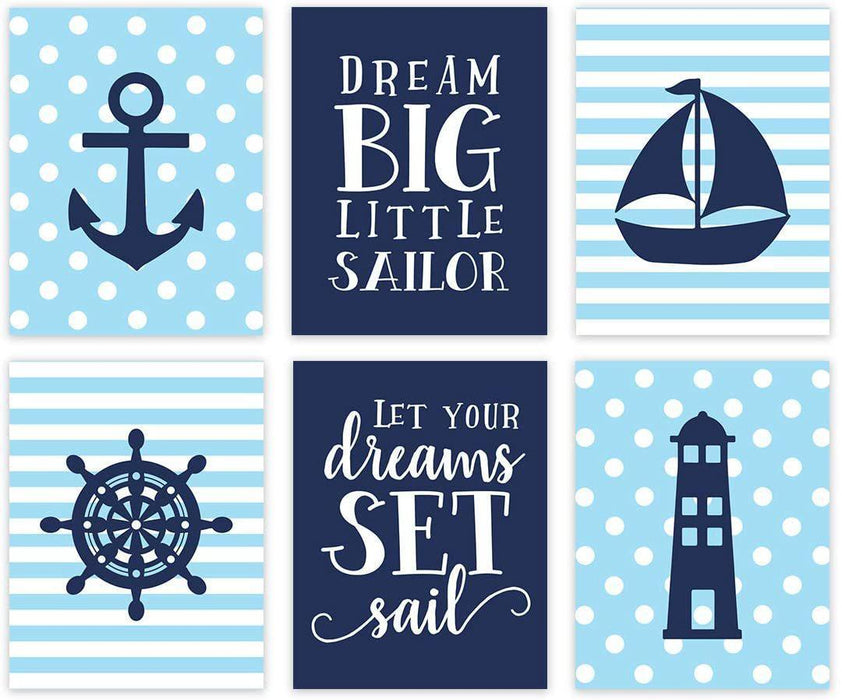 Nautical Theme Nursery Hanging Wall Art, Baby Blue Stripes Dots, Dream Big, Let Your Dreams Set Sail-Set of 6-Andaz Press-