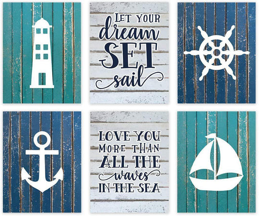 Nautical Theme Nursery Hanging Wall Art, Blue Aqua Rustic Wood, Let Your Dreams Set Sail-Set of 6-Andaz Press-