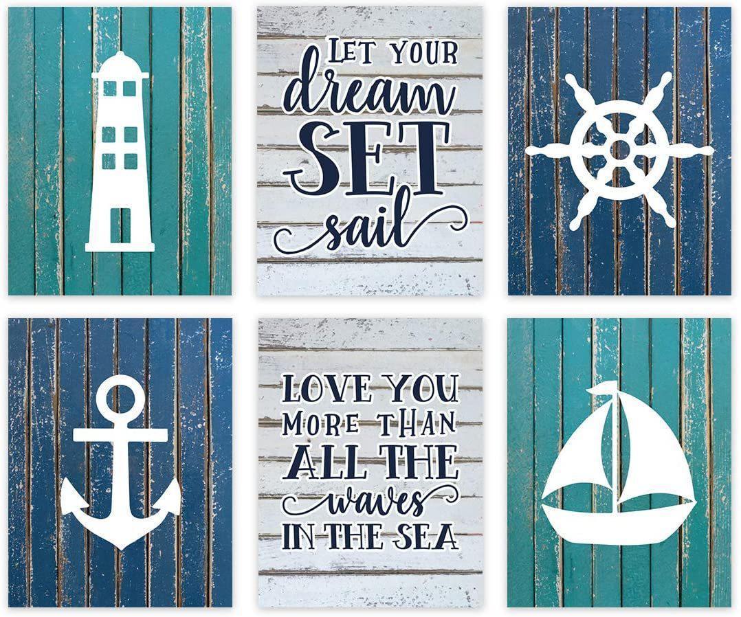 Nautical Theme Nursery Hanging Wall Art, Blue Aqua Rustic Wood, Let Your Dreams Set Sail-Set of 6-Andaz Press-