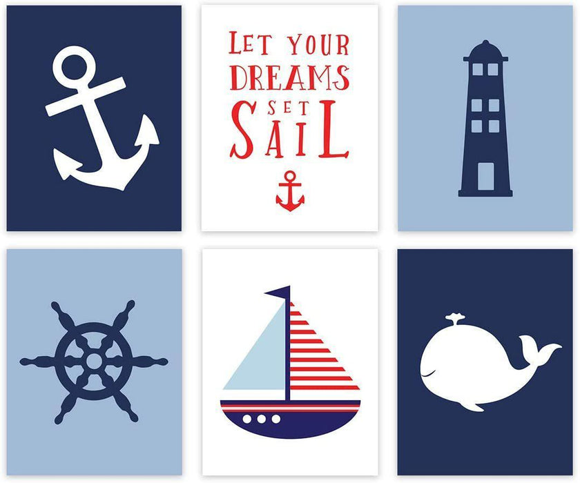 Nautical Theme Nursery Hanging Wall Art, Navy Blue Theme, Boat, Anchor, Lighthouse, Whale-Set of 6-Andaz Press-