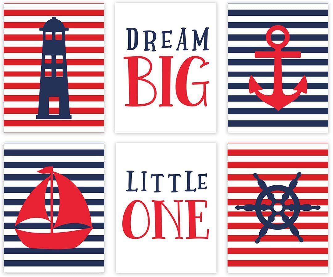 Nautical Theme Nursery Hanging Wall Art, Red Blue Stripes, Boat, Anchor, Lighthouse, Whale-Set of 6-Andaz Press-