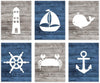 Nautical Theme Nursery Hanging Wall Art, Rustic Distressed Blue Wood, Anchor, Lighthouse, Whale-Set of 6-Andaz Press-