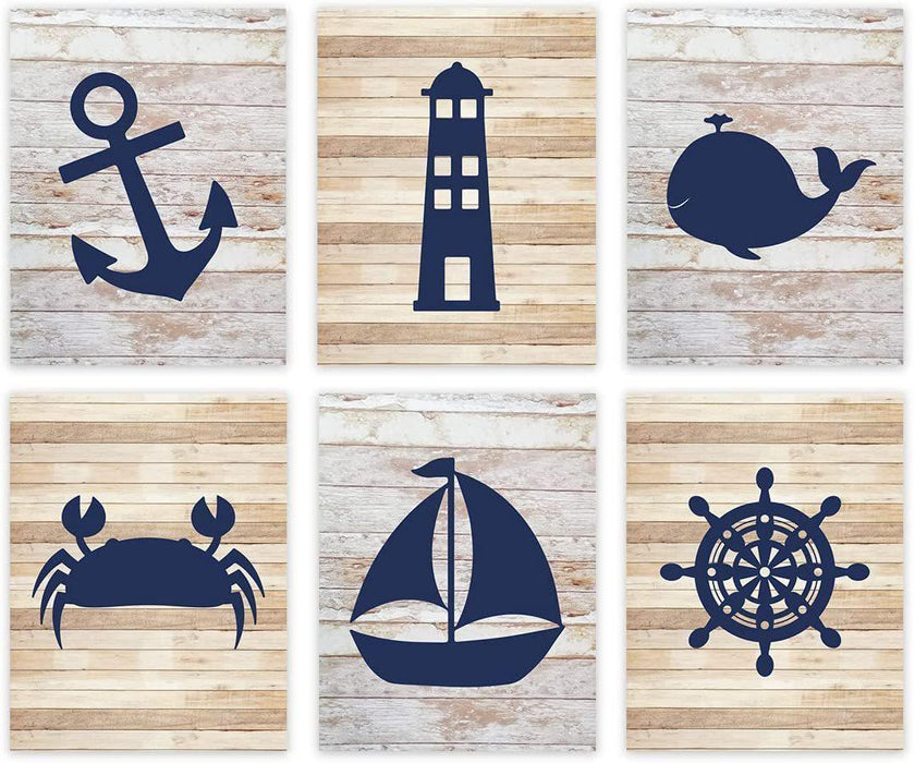Nautical Theme Nursery Hanging Wall Art, Rustic Distressed Wood, Anchor, Lighthouse, Whale-Set of 6-Andaz Press-