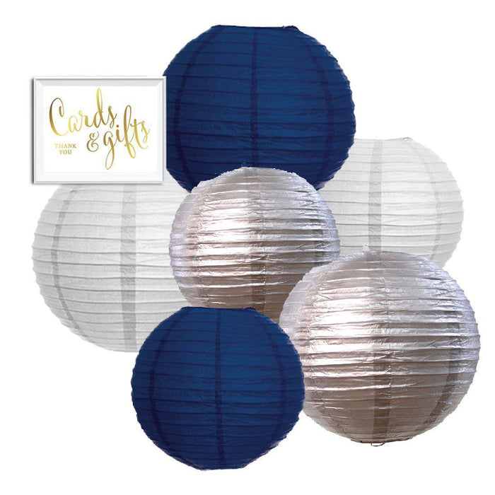 Navy Blue, Silver, White Hanging Paper Lanterns Decorative Kit-Set of 6-Andaz Press-