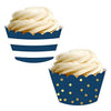Navy Blue Stripes and Metallic Gold Ink Polka Dots Cupcake Wrappers-set of 24-Andaz Press-