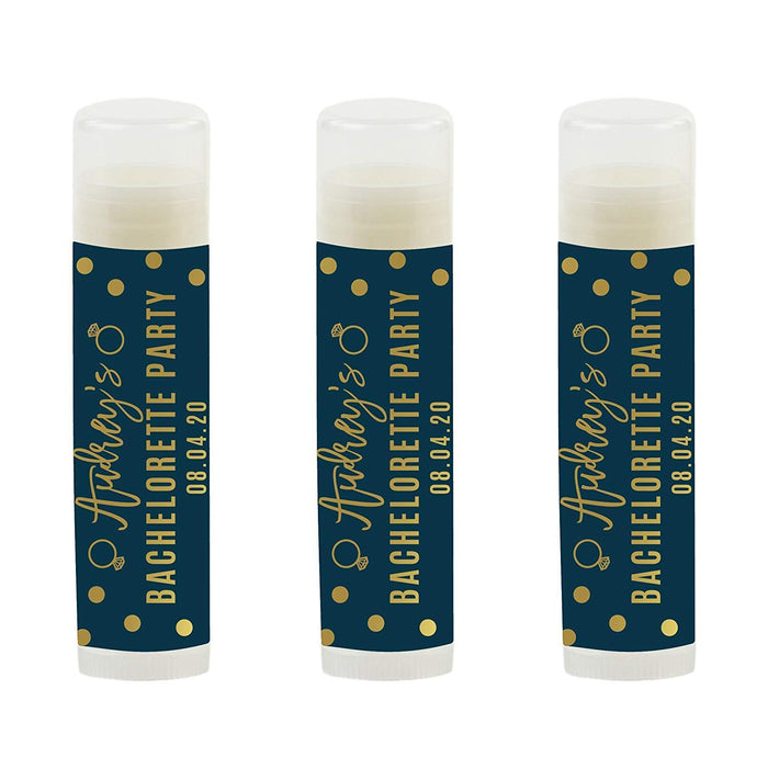 Navy Blue and Metallic Gold Confetti Polka Dots Bachelorette, Personalized Lip Balm Favors, Custom Name and Date-Set of 12-Andaz Press-