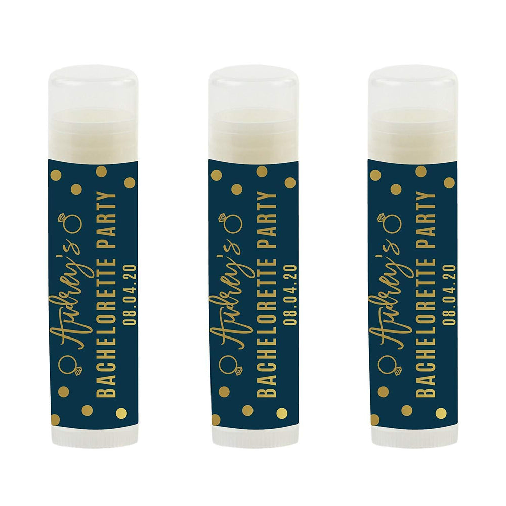 Navy Blue and Metallic Gold Confetti Polka Dots Bachelorette, Personalized Lip Balm Favors, Custom Name and Date-Set of 12-Andaz Press-