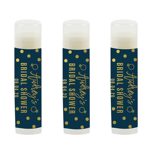 Navy Blue and Metallic Gold Confetti Polka Dots Bridal Shower, Personalized Lip Balm Favors, Custom Name and Date-Set of 12-Andaz Press-