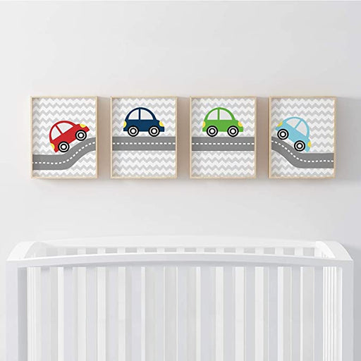 Nursery Boys Room Wall Art, Colorful Cars Theme-Set of 4-Andaz Press-