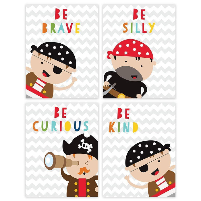 Nursery Boys Room Wall Art, Pirates, Be Brave, Be Silly, Be Curious, Be Kind-Set of 4-Andaz Press-