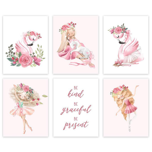 Nursery Girls Room Wall Art, Be Kind, Be Graceful, Be Present, Pink Floral Ballerina, Flamingo, Pink Roses Graphics-Set of 6-Andaz Press-