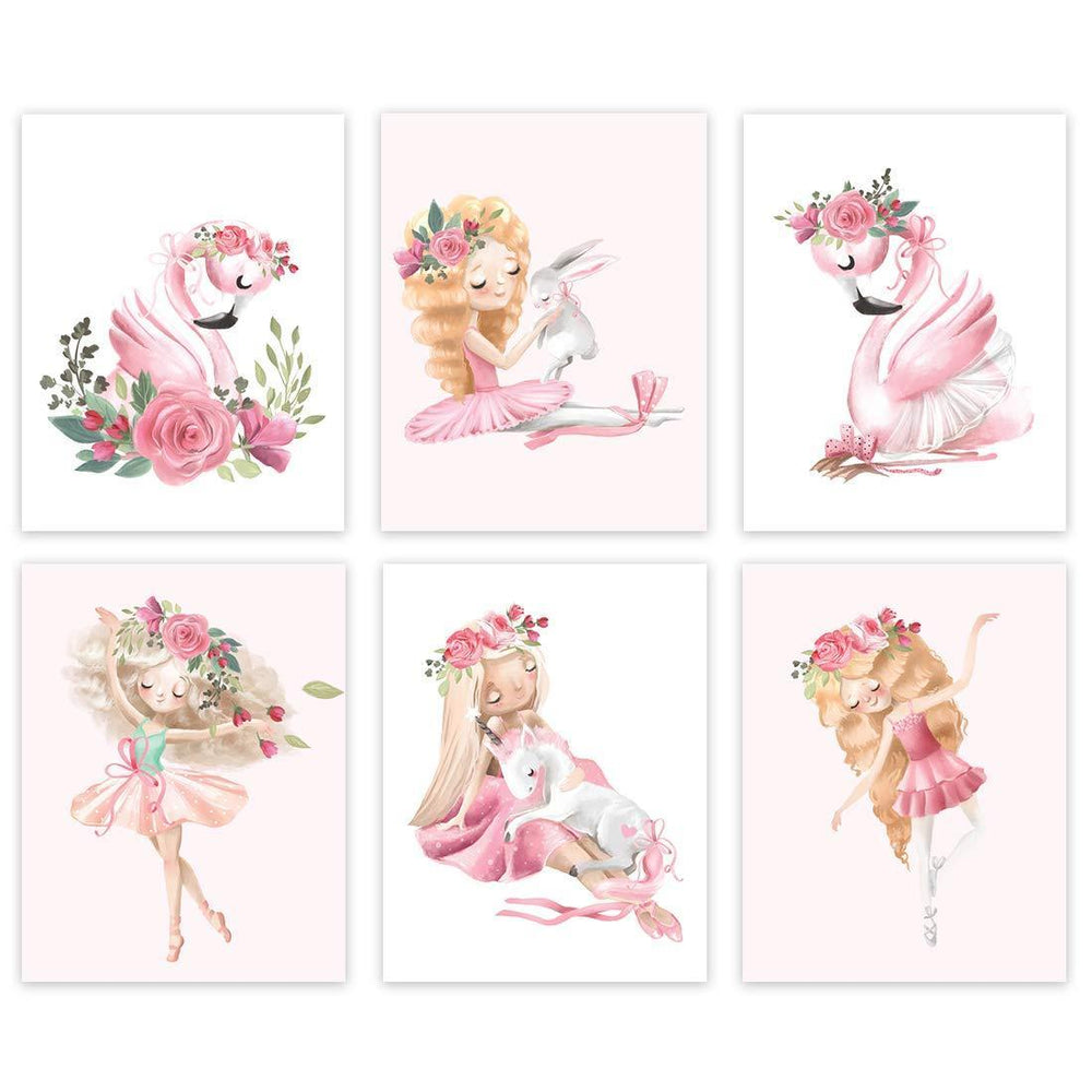 Nursery Girls Room Wall Art, Elegant Pink Floral Ballerina, Flamingo, Pink Roses Graphics-Set of 6-Andaz Press-