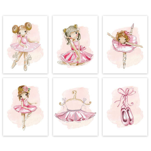 Nursery Girls Room Wall Art, Elegant Pink Watercolor Ballerina, Tutu, Shoes Graphics-Set of 6-Andaz Press-