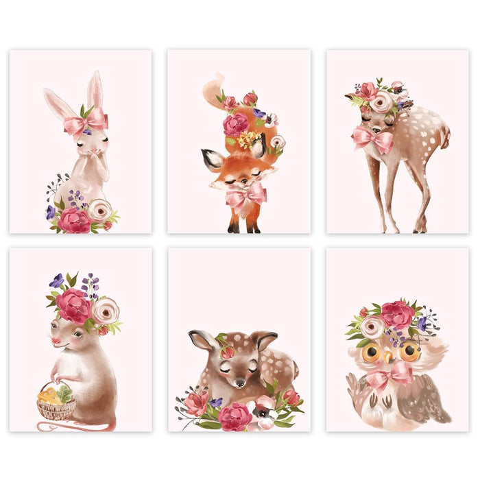 Nursery Girls Room Wall Art, Floral Roses Forest Animal Rabbit Fox Deer Owl Graphics-Set of 6-Andaz Press-