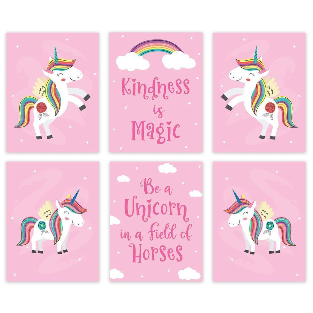 Nursery Girls Room Wall Art, Follow Your Dreams, Pink, Unicorn Graphics-Set of 6-Andaz Press-