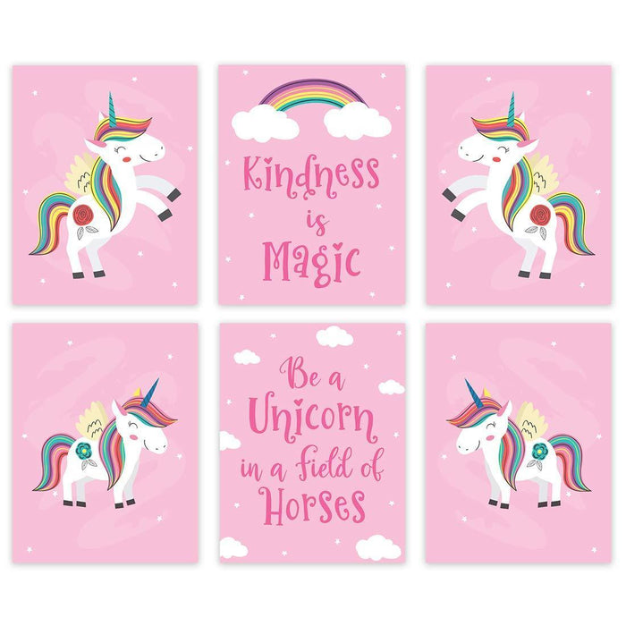 Nursery Girls Room Wall Art, Follow Your Dreams, Pink, Unicorn Graphics-Set of 6-Andaz Press-
