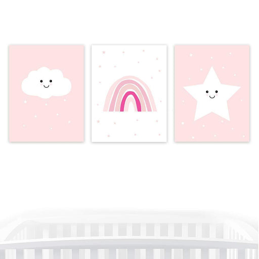 Nursery Girls Room Wall Art, Minimalist Pink Cloud Rainbow Stars-Set of 3-Andaz Press-