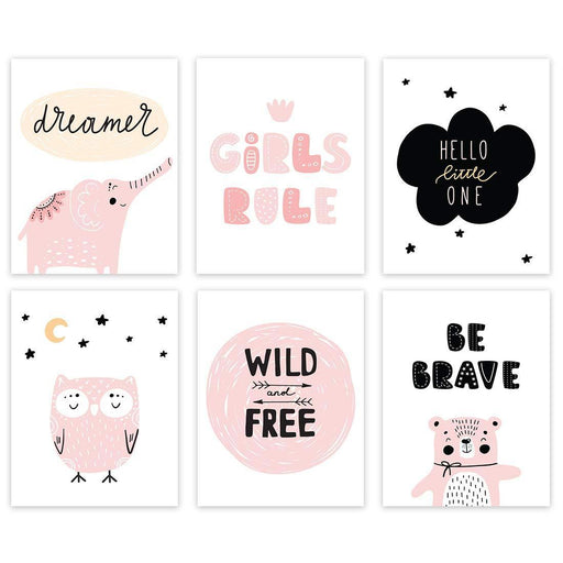 Nursery Girls Room Wall Art, Minimalist Scandinavian Pink, Dreamer Girls Rule Wild and Free-Set of 6-Andaz Press-
