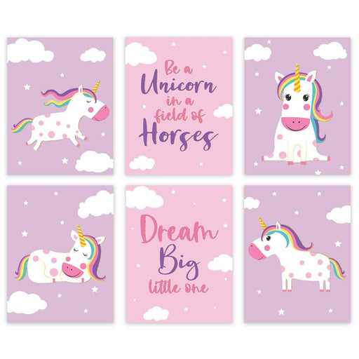 Nursery Girls Room Wall Art, Pink Lavender, Be a Unicorn in a Field of Horses, May Your Dreams Be Magical-Set of 6-Andaz Press-
