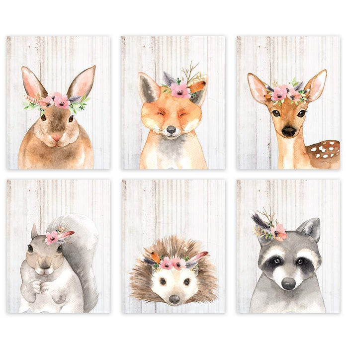 Nursery Girls Room Wall Art-Set of 6-Andaz Press-Rustic Woodland Floral Roses Forest Animals Rabbit Fox Deer Hedgehog Raccoon-