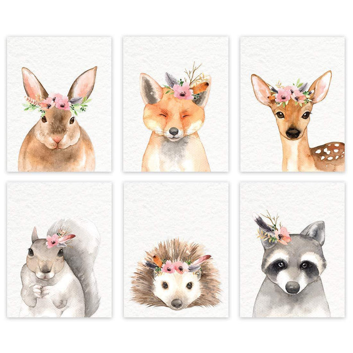 Nursery Girls Room Wall Art-Set of 6-Andaz Press-Watercolor Floral Roses Woodland Forest Animals Rabbit Fox Deer Hedgehog Raccoon-