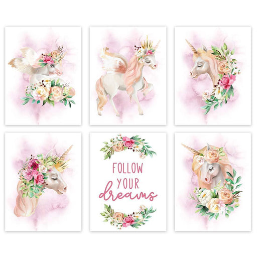 Nursery Girls Room Wall Art, Unicorns are Real, Unicorn Graphics-Set of 6-Andaz Press-