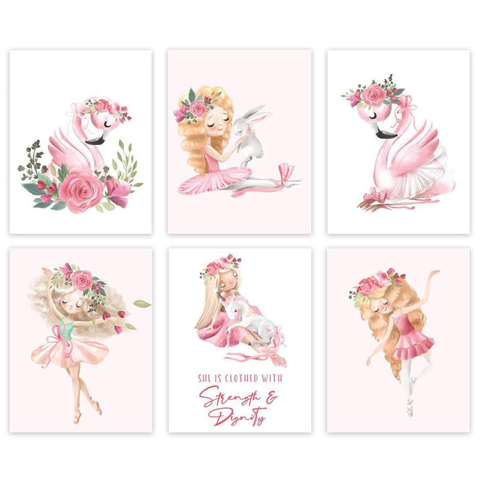 Nursery GirlsRoom Wall Art, Elegant Pink Floral Ballerina, Flamingo, She is Clothed with Strength and Dignity-Set of 6-Andaz Press-