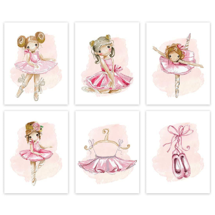 Nursery GirlsRoom Wall Art, Elegant Pink Watercolor Ballerina, Tutu, Shoes, She is far More Precious Than Jewels-Set of 6-Andaz Press-