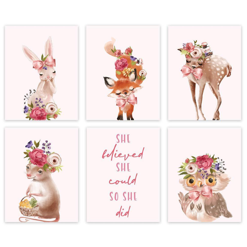 Nursery GirlsRoom Wall Art, Floral Roses Forest Animal Rabbit Fox Deer Owl, She Believed She Could So She Did-Set of 6-Andaz Press-