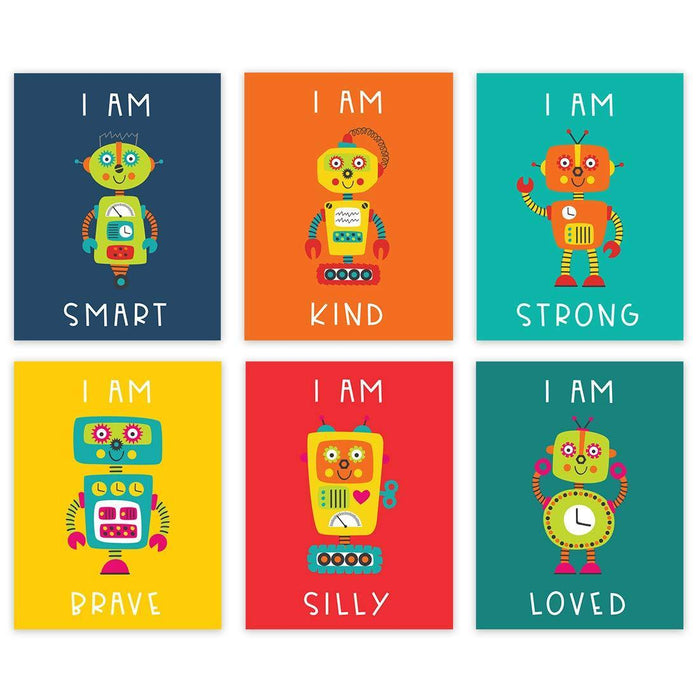 Nursery Nerdy Geeky Room Wall Art, Bright Colorful Robots with Gears, I Am Smart, Kind, Strong, Brave, Silly & Loved-Set of 6-Andaz Press-