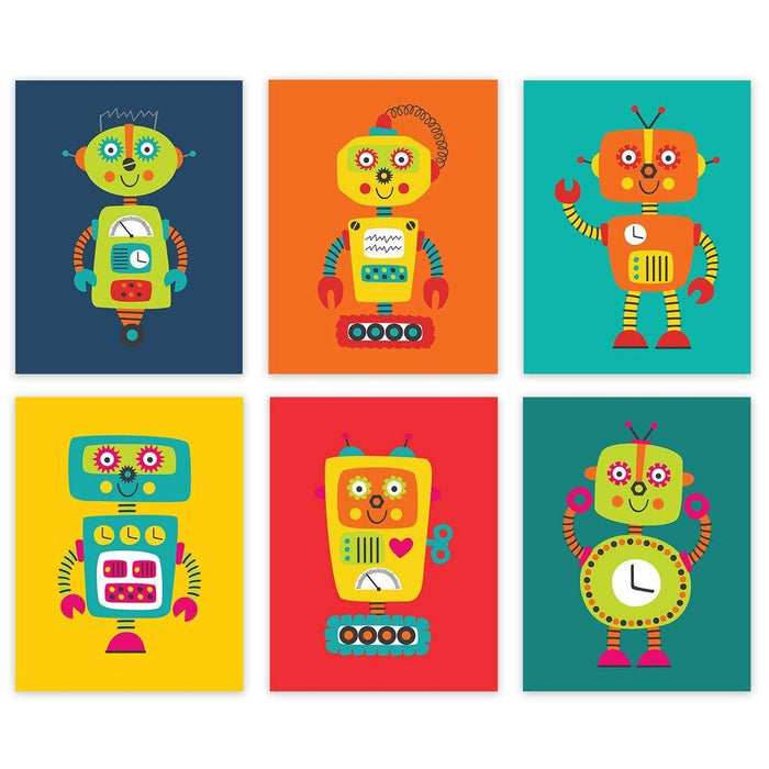 Nursery Nerdy Geeky Room Wall Art, Bright Colorful Robots with Gears-Set of 6-Andaz Press-