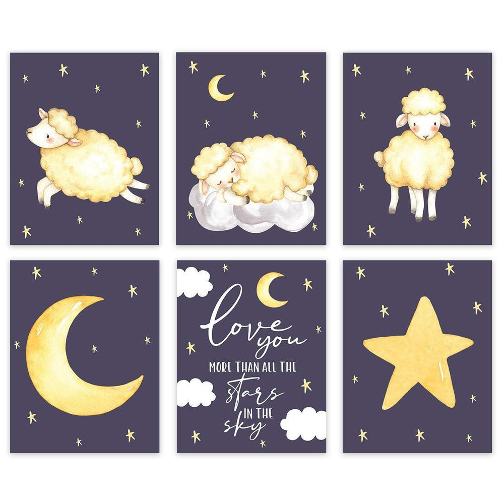 Nursery Nerdy Geeky Room Wall Art, Sleepy Sheep, Moon, Stars, Love You More Than All The Stars-Set of 6-Andaz Press-