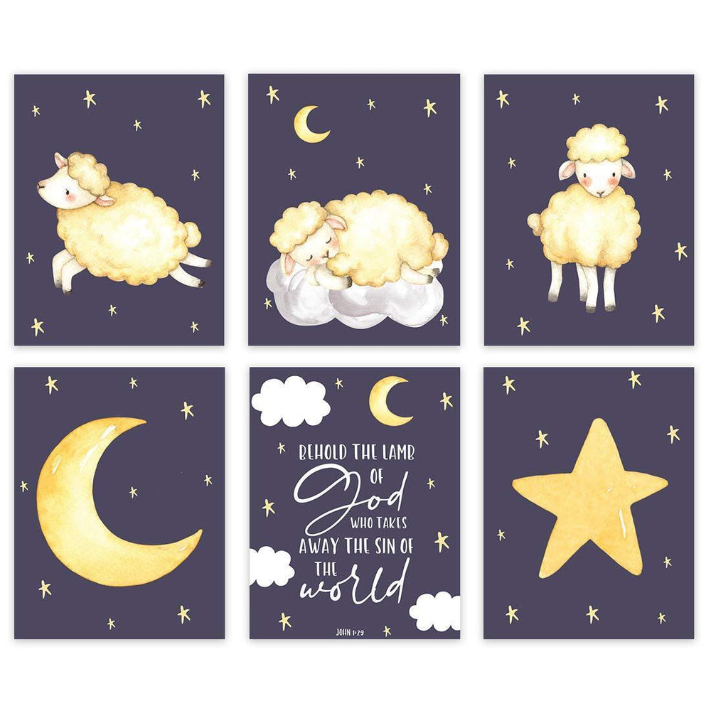 Nursery Nerdy Geeky Room Wall Art, Sleepy Sheep, Stars, Behold The Lamb of God who Takes Away The sin of The World-Set of 6-Andaz Press-