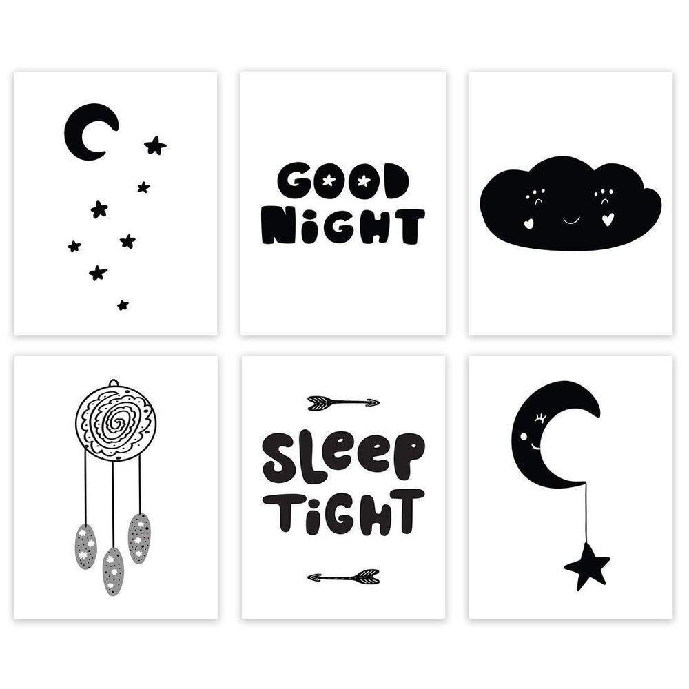 Nursery Room Art Wall Art, Minimalist Scandinavian Black White, Good Night Sleep Tight-Set of 6-Andaz Press-