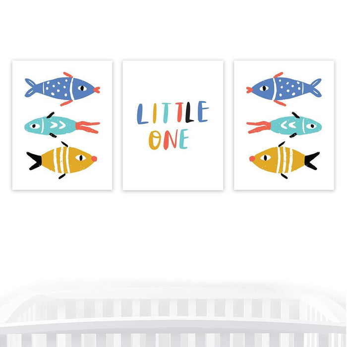 Nursery Room Inspirational Wall Art, Boho Fish Little One-Set of 3-Andaz Press-