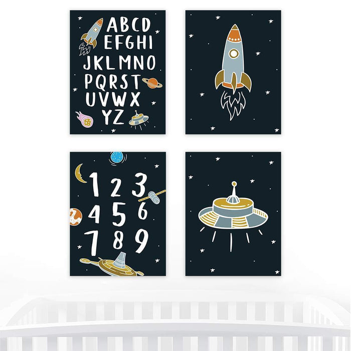 Nursery Room Wall Art, Astronaut Star Galaxy Alphabet Numbers Spaceship Planets-Set of 4-Andaz Press-