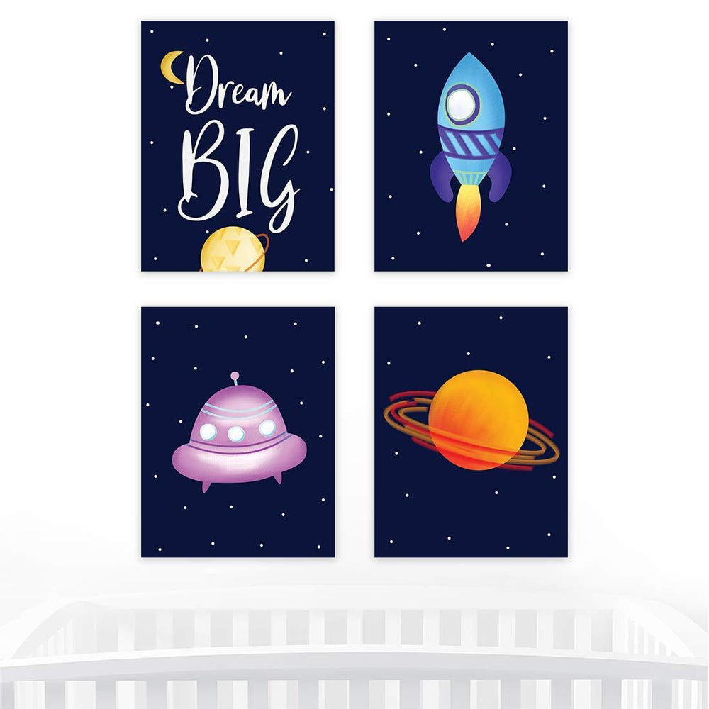 Nursery Room Wall Art, Astronaut Star Galaxy, Dream Big, Planet Spaceship Graphics-Set of 4-Andaz Press-
