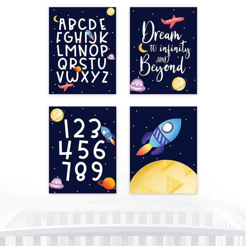 Nursery Room Wall Art, Astronaut Star Galaxy, Dream to Infinity and Beyond, Alphabet Numbers Planet Graphics-Set of 4-Andaz Press-
