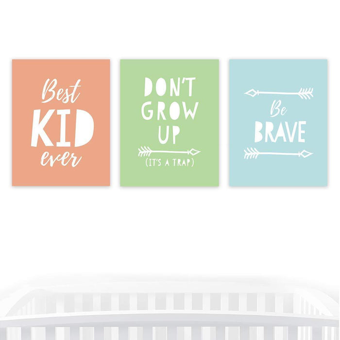 Nursery Room Wall Art, Best Kid Ever, Don't Grow Up, Be Brave, Modern Colors-Set of 3-Andaz Press-
