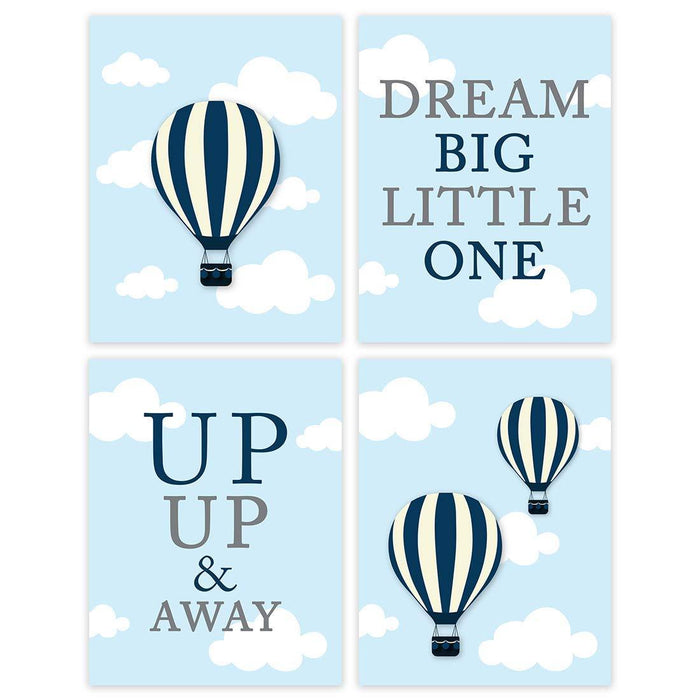 Nursery Room Wall Art, Blue Hot Air Balloon, Up Up & Away, Dream Big Little One-Set of 4-Andaz Press-
