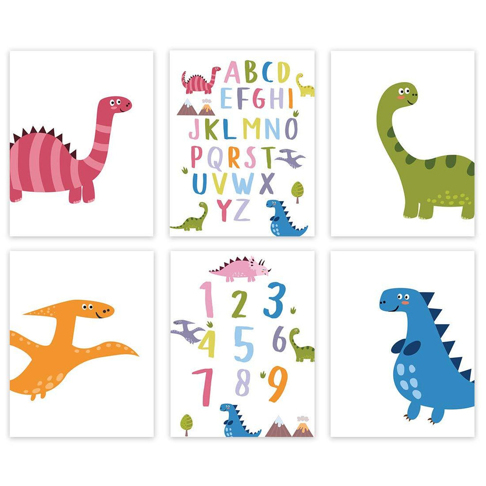 Nursery Room Wall Art, Colorful Dinosaurs Alphabet Numbers-Set of 6-Andaz Press-