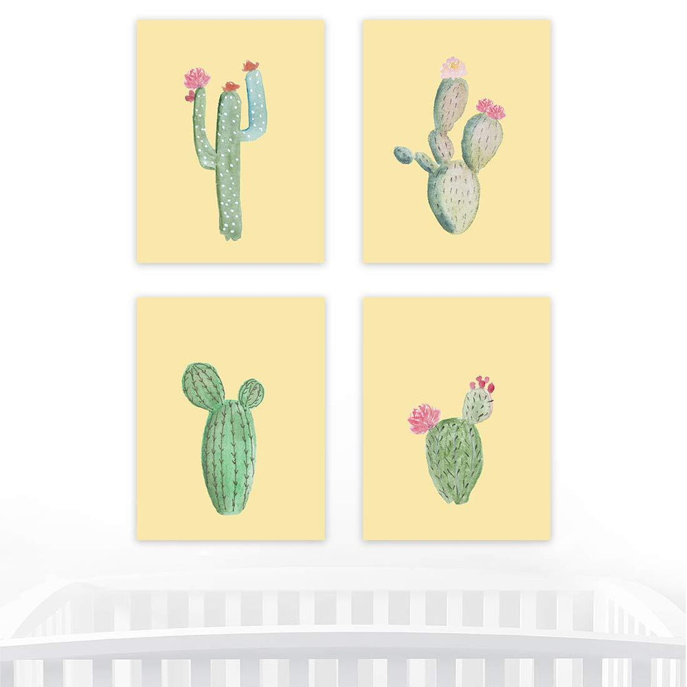 Nursery Room Wall Art, Desert Floral Cactus on Yellow-Set of 4-Andaz Press-