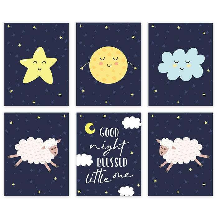 Nursery Room Wall Art, Good Night Blessed Little One Galaxy Sheep Moon Stars Clouds-Set of 6-Andaz Press-