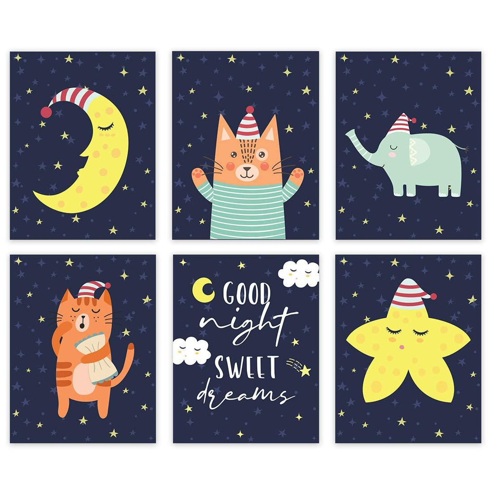 Nursery Room Wall Art, Good Night Sweet Dreams Galaxy Pajama Animals, Moon, Stars-Set of 6-Andaz Press-